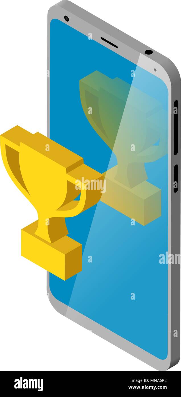Mit dem Sieger Cup auf dem Monitor Smartphone. Isometrie, isoliert. Vector Illustration. Stock Vektor