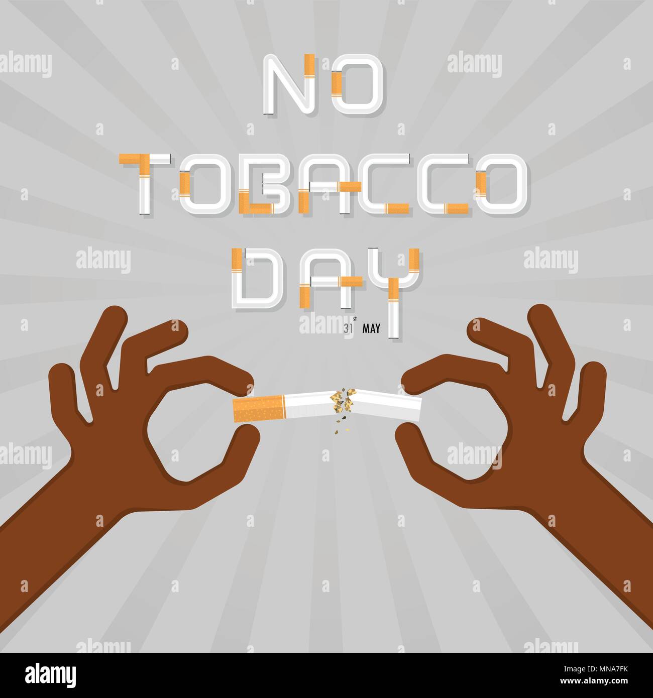Rauchen aufhören mit menschlichen Händen brechen die Zigarette. Menschliche Hand zerkleinern Zigarette. Hände und beenden Sie Tabak Vektor logo Vorlage. Bis zum 31. Mai die Welt n Stock Vektor