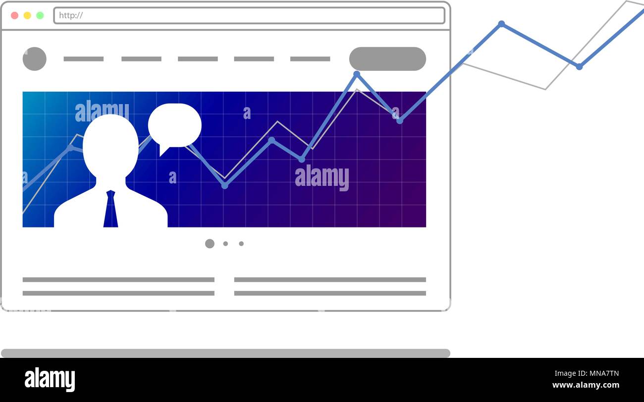 Nachrichten web site template mit wachsenden Zeitplan, Foto, Text. Web Browser Konzept. Grafik der Wachstum der Austausch von Anteilen Stock Vektor