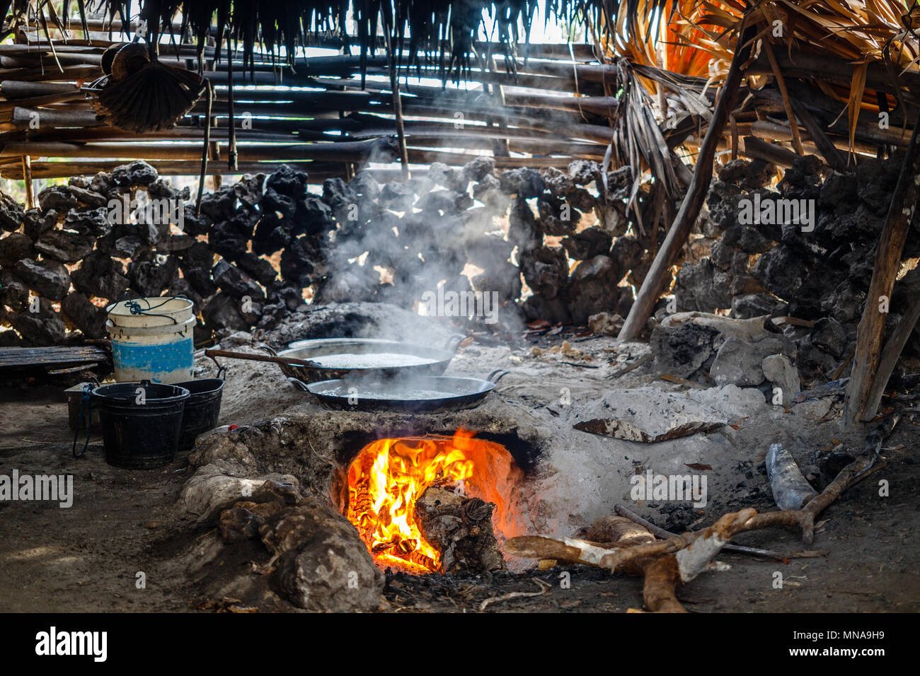 Traditionelle Verfahren der Palm Zucker in das Dorf in der Rote Insel, Indonesien. Sap platziert bei mäßiger Hitze die Feuchtigkeit verdunsten. Stockfoto