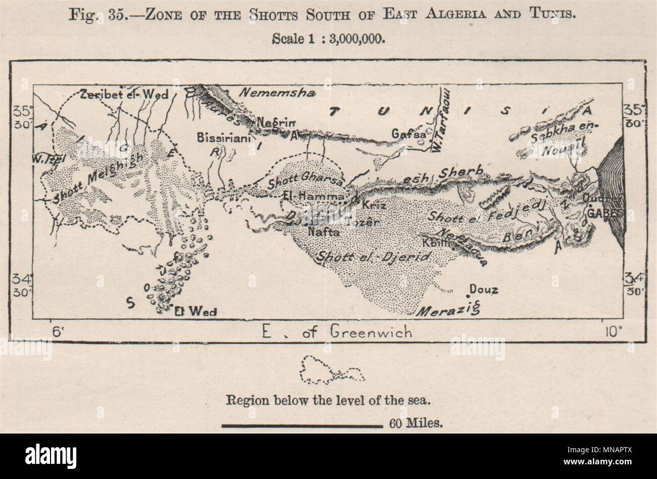 Zone der Shotts/Chotts Südlich von Osten Algerien/Tunesien. Salzseen Karte 1885 Stockfoto
