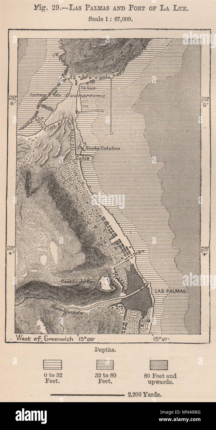 Las Palmas de Gran Canaria und der Hafen von La Luz. Spanien. Kanarische Inseln 1885-Karte Stockfoto