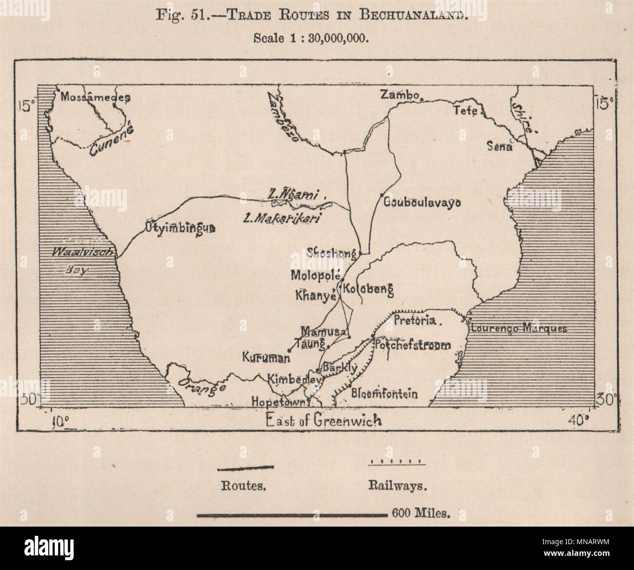 Handelsrouten in Betschuanaland. Botswana 1885 alte antike vintage Karte plan plan Stockfoto