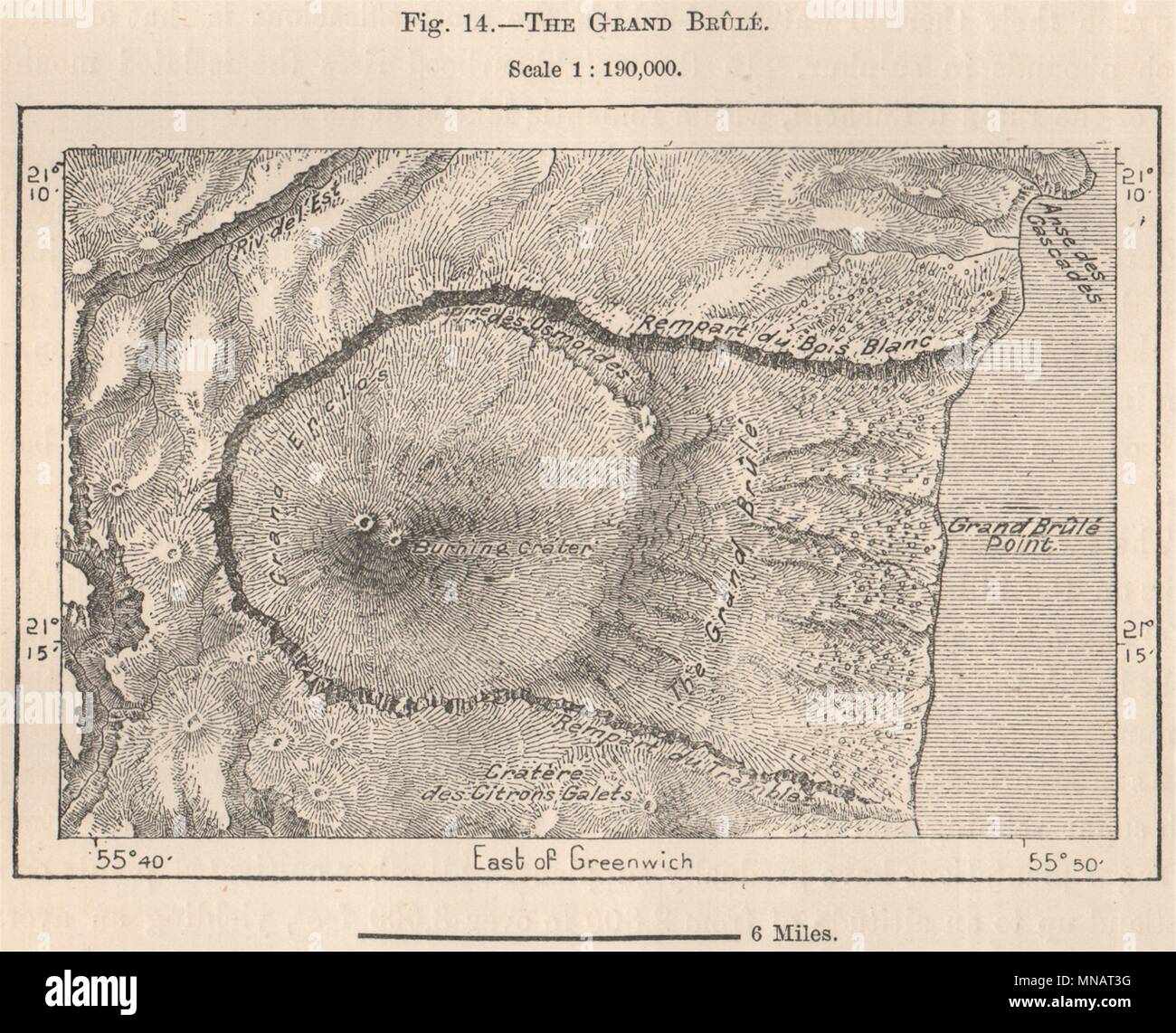 Die Grand Brûlé. La Reunion. Mascarenen. Mascarenhas Archipel 1885 Karte Stockfoto