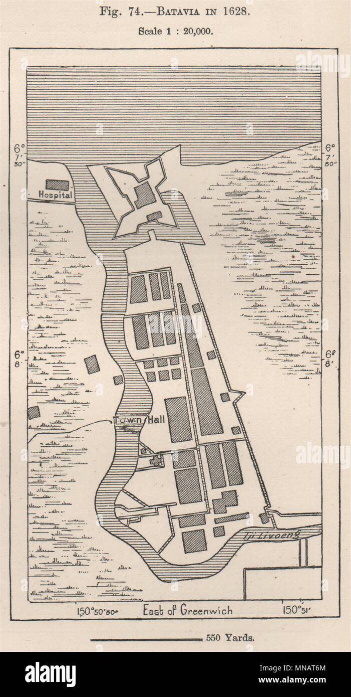 Batavia (Jakarta) 1628. Java, Indonesien. East Indies 1885 alte antike Karte Stockfoto