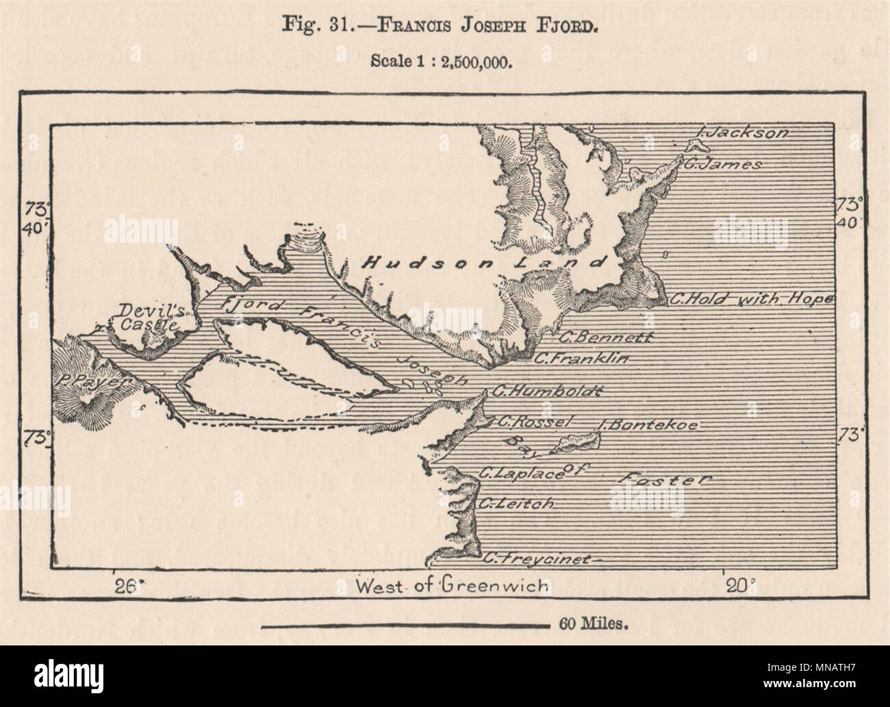 Franz Joseph Fjord. Kejser Franz Joseph Fjord. Hudson Land. Grönland 1885 Karte Stockfoto