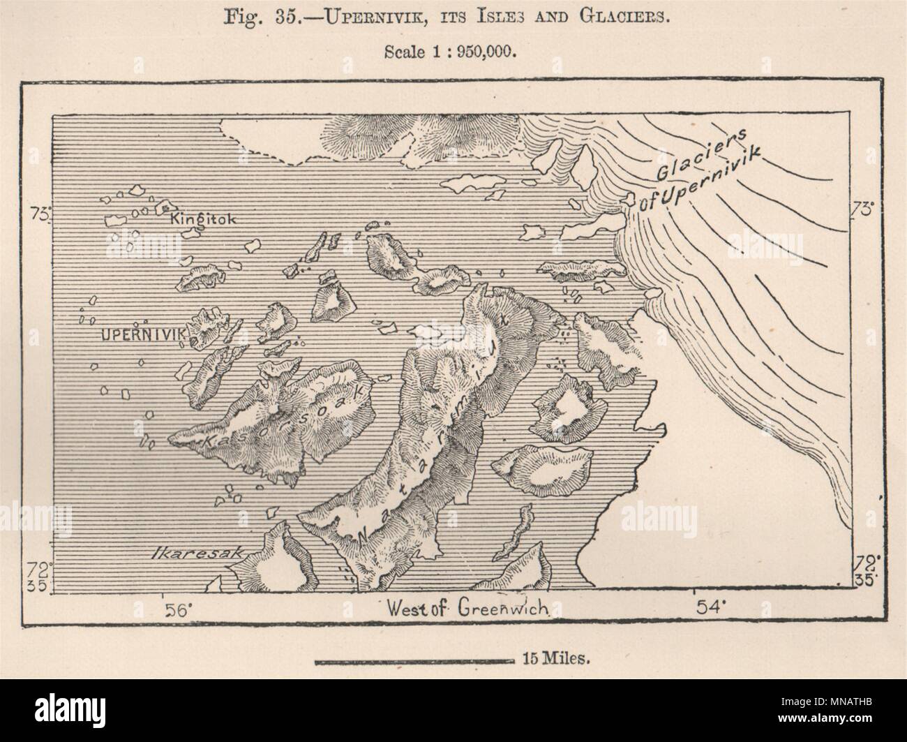 Upernavik, seine Inseln und Gletscher. Grönland 1885 alte antike Karte plan plan Stockfoto