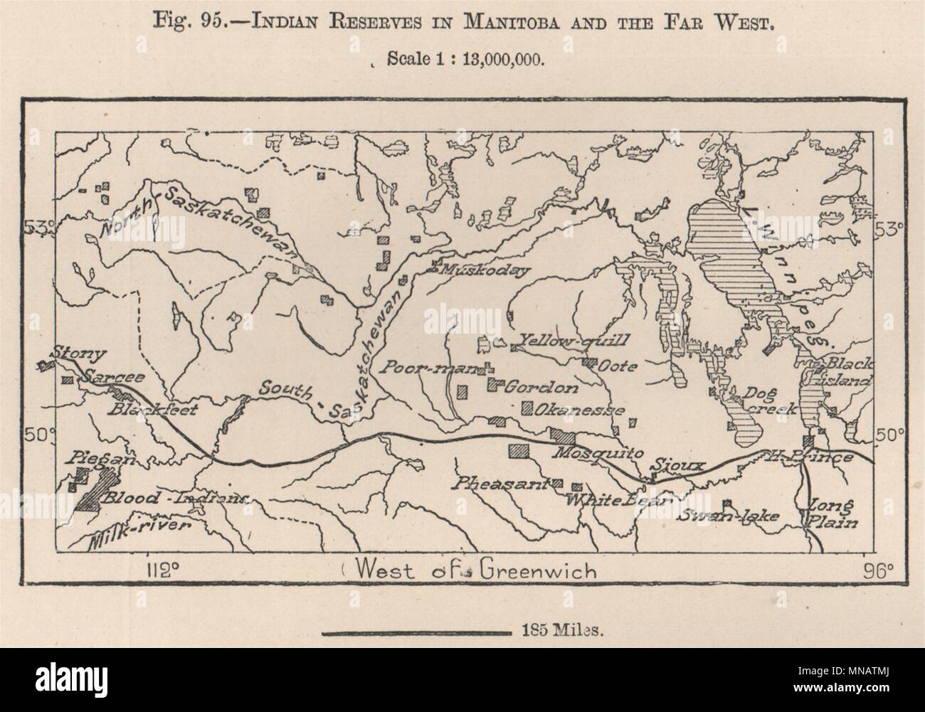 Indische behält sich in Manitoba und dem fernen Westen. Kanada 1885 alte antike Karte Stockfoto