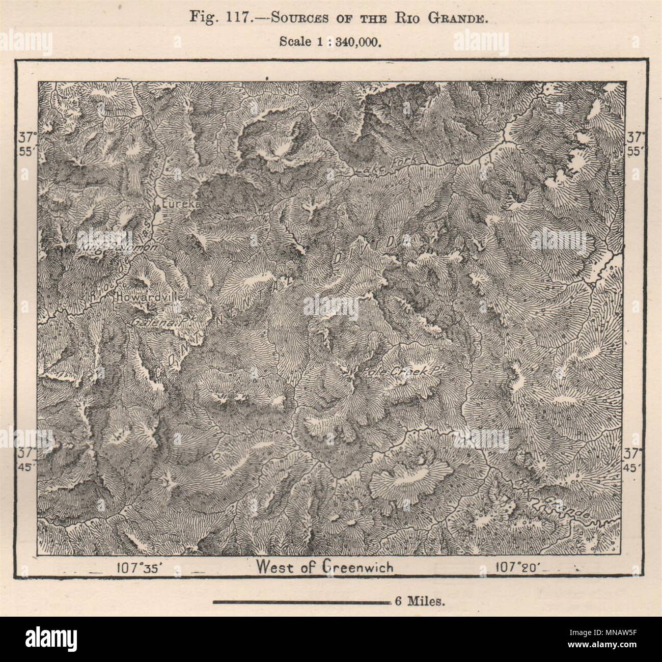 Quellen des Rio Grande. Colorado 1885 alte antike vintage Karte plan plan Stockfoto