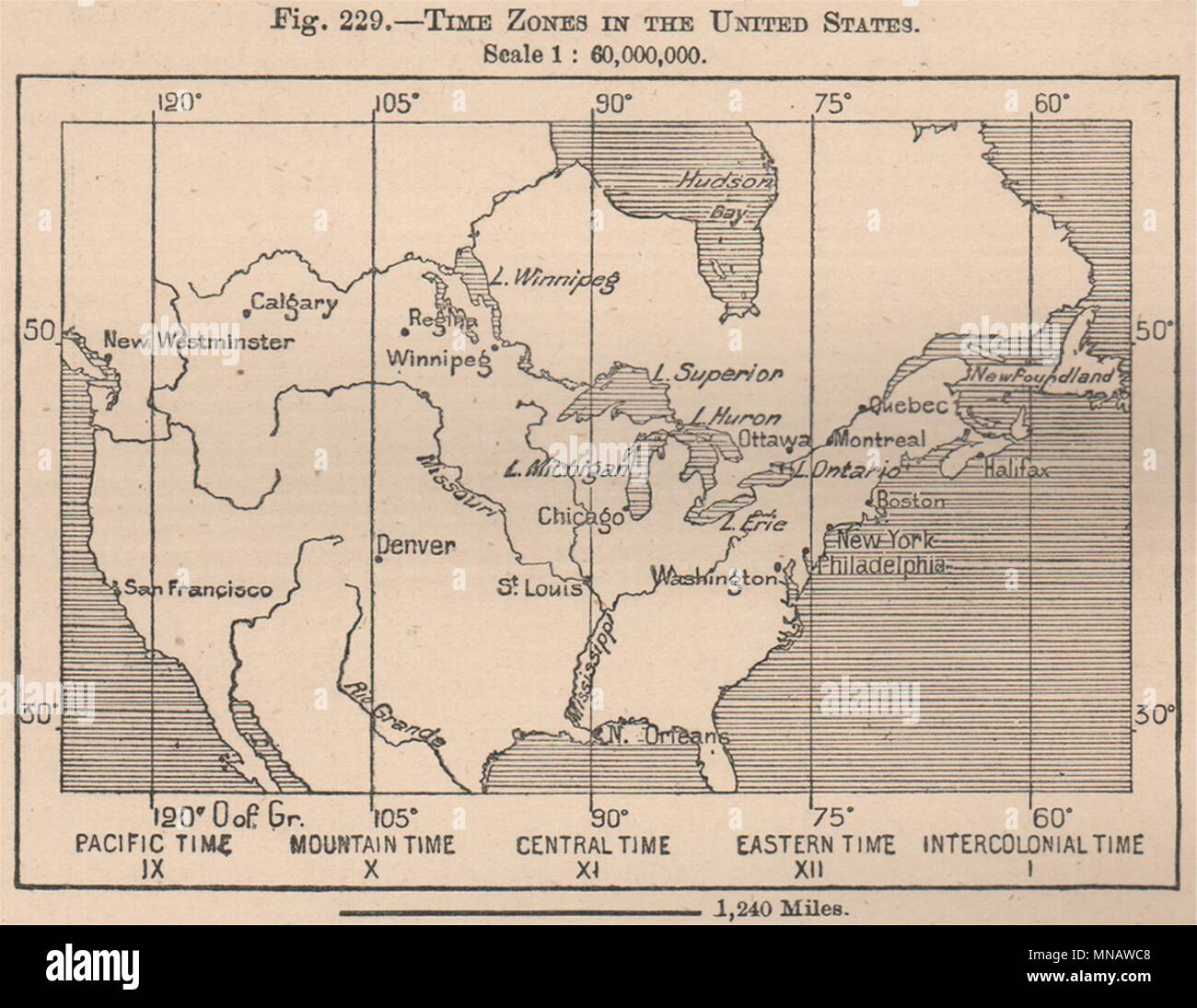 Zeitzonen in den Vereinigten Staaten. USA 1885 alte antike vintage Karte plan plan Stockfoto