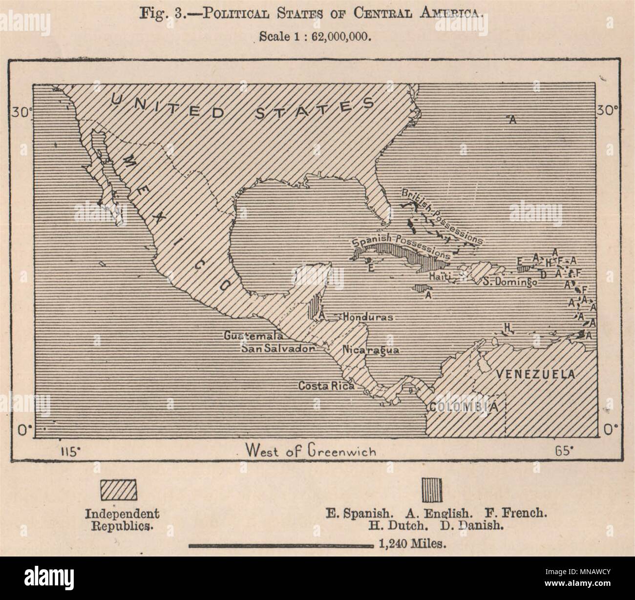 Politische Staaten von Mittelamerika 1885 alte antike vintage Karte plan plan Stockfoto