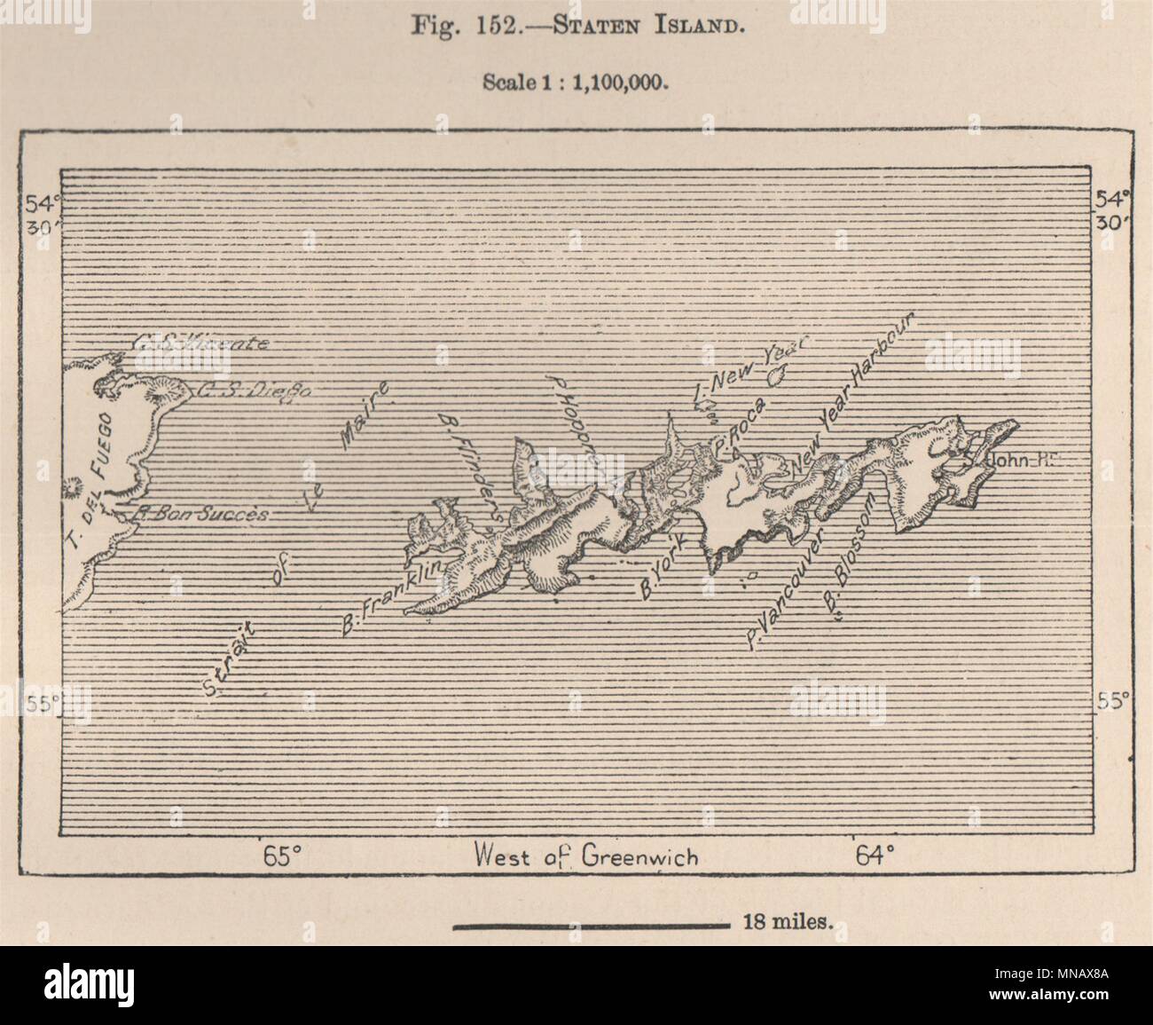 Staten Island. Isla de Los Estados Tierra del Fuego, Chile 1885 alte Karte Stockfoto