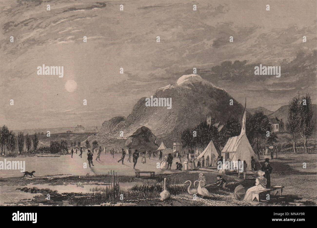 Arthur's Seat & Eislaufen auf duddingston Loch, Edinburgh. Schottland 1845 Stockfoto