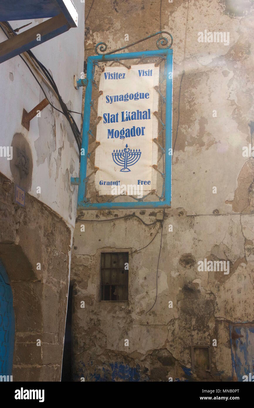 Zeichen für Leiste Lkahal Mogador Synagoge im Jüdischen Viertel (City of London), Essaouira, Marokko Stockfoto