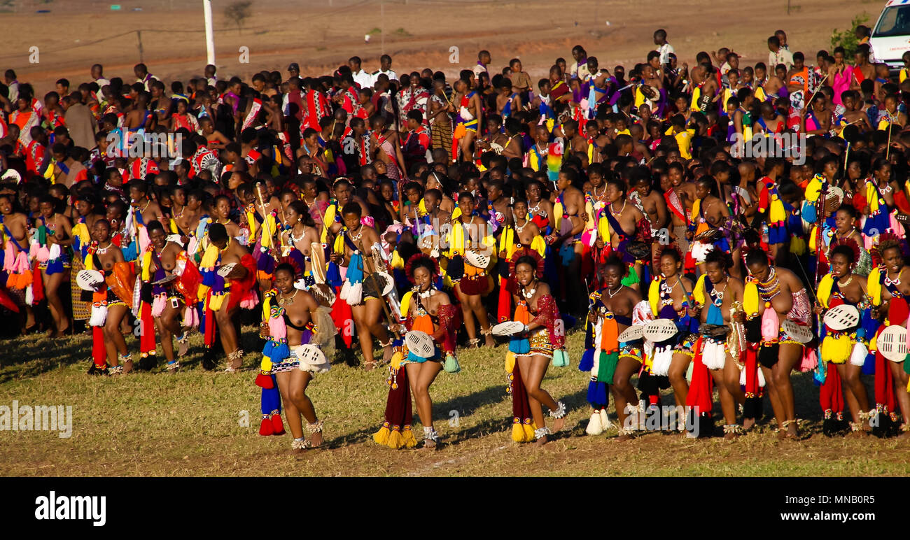 Frauen in traditionellen Kostümen tanzen am Umhlanga aka Reed Dance für