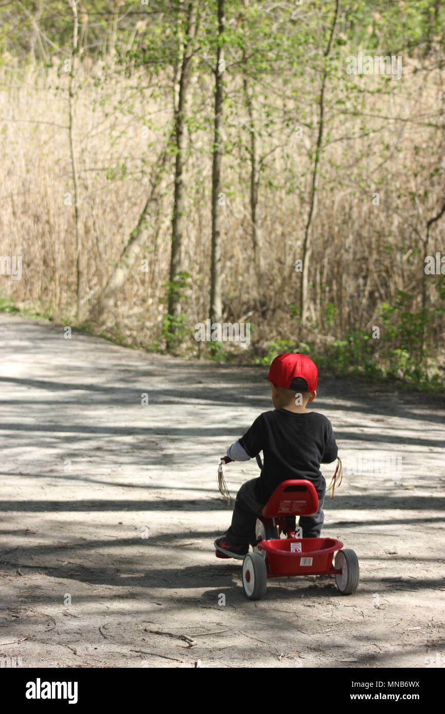 Junge mit Red Hat, Red Radio Flyer Dreirad im Park an einem schönen Sommertag. Mill Pond Park Richmond Hill Ontario Kanada. Stockfoto