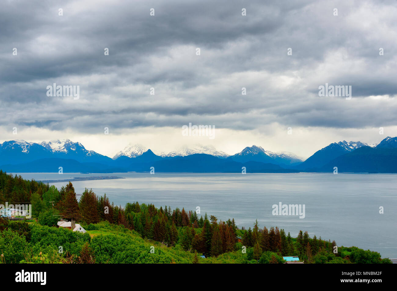 Blick über die Kachemak Bucht und die Kenai Bergkette bei bewölktem Himmel in Homer, Alaska Stockfoto