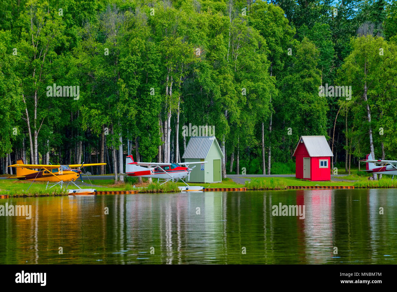 Wasserflugzeuge sind entlang des Lake Hauben Ufern gebunden, ein See strickly als wässrige Flughafen für diese Flugzeuge verwendet. Stockfoto