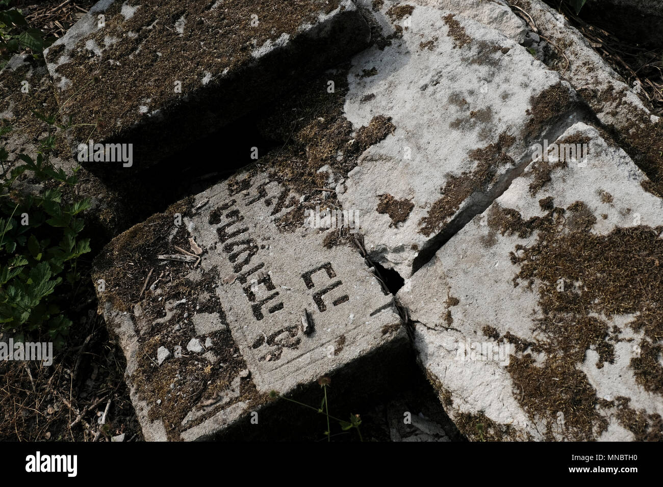 Ein zerschmettertes und entweihtes Grab auf dem jüdischen Friedhof, einem der größten jüdischen Friedhöfe in Europa in der Stadt Chisinau, auch bekannt als Kishinev, die Hauptstadt der Republik Moldau Stockfoto