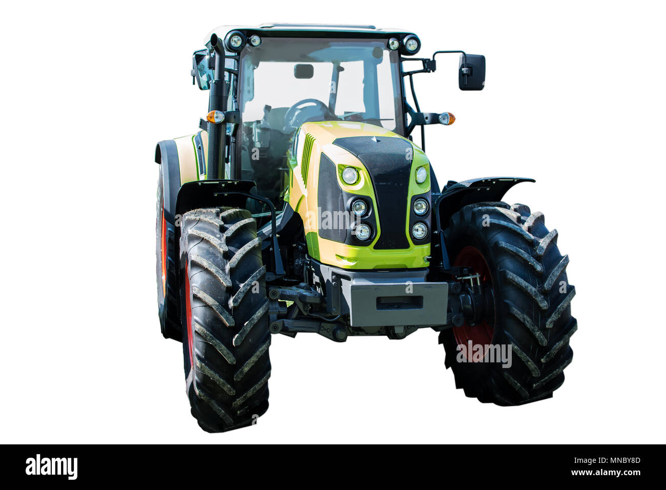 Neue und Moderne grüne landwirtschaftliche Generische Traktor auf weißem Hintergrund Stockfoto