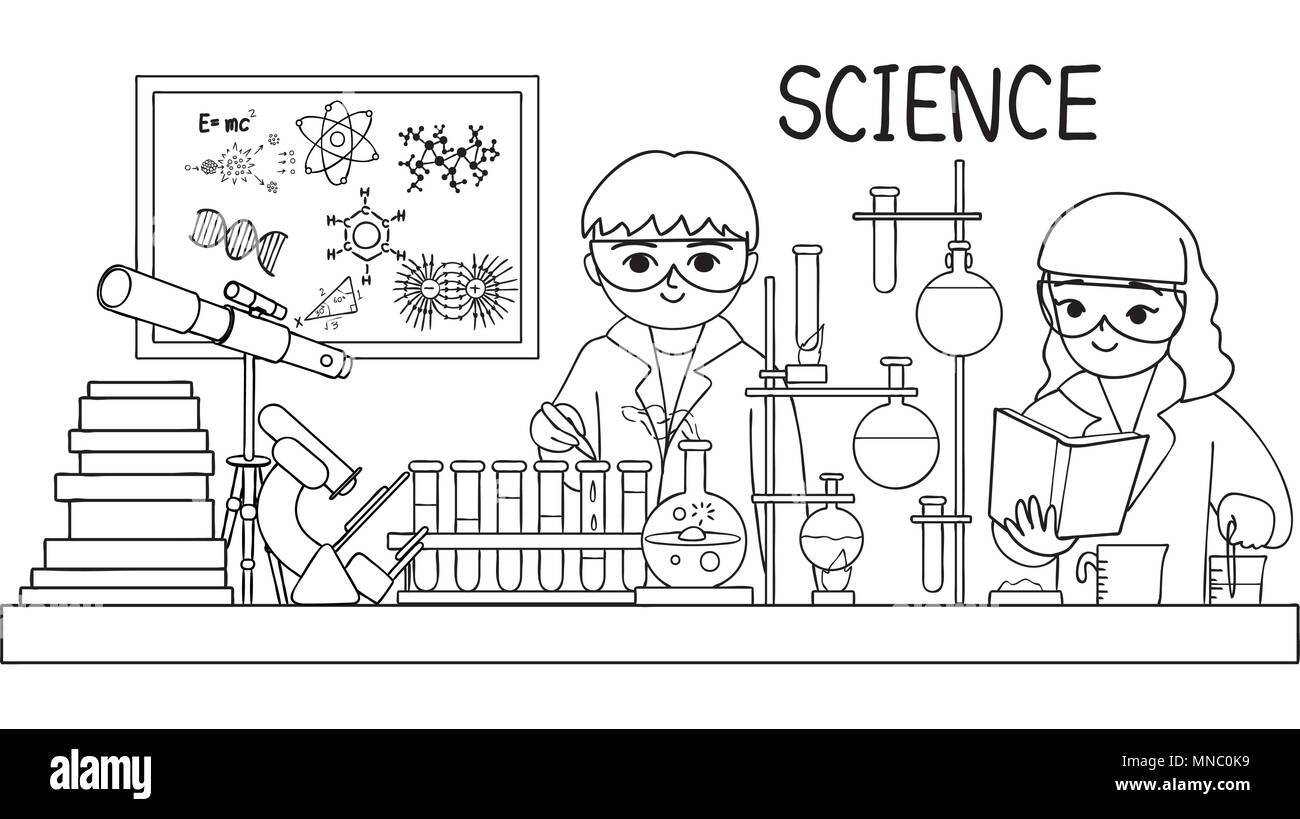 Hand niedliche Kinder Test im Labor für Design Element und Malbuch Seite für Kinder gezeichnet. Vector Illustration Stock Vektor
