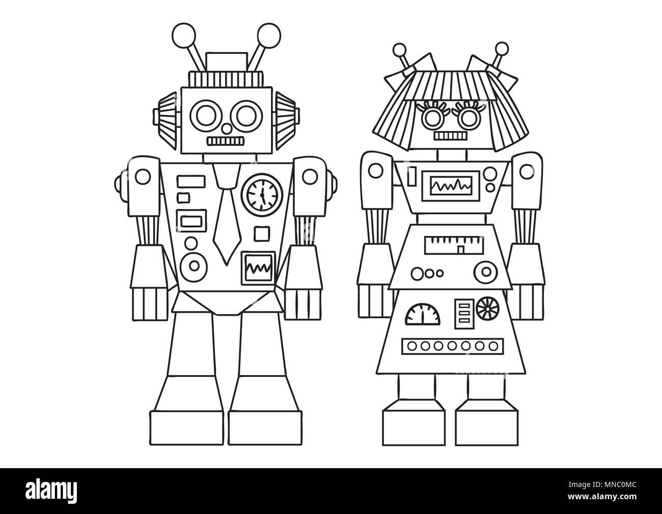Hand niedliche Roboter für Design Element und Malbuch Seite für Kinder und Erwachsene aufgestellt. Vector Illustration Stock Vektor