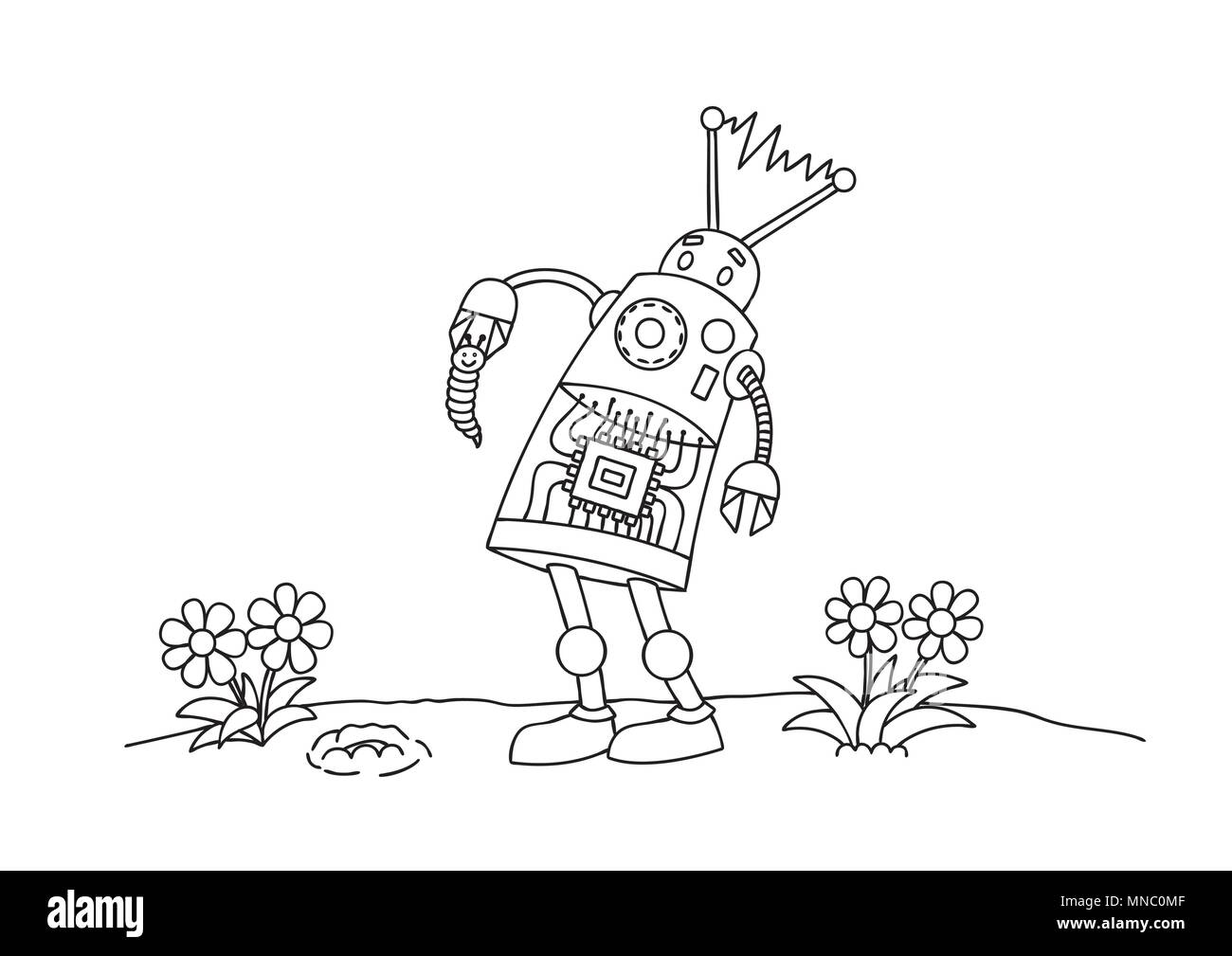 Hand niedliche Roboter halten kleiner Wurm für Design Element gezeichnet und Malbuch Seite für Kinder und Erwachsene. Vector Illustration Stock Vektor