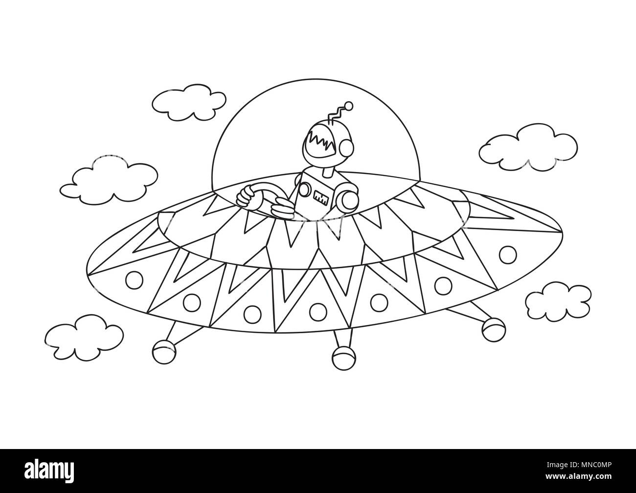 Hand niedliche Roboter fahren Raumschiff für Design Element und Malbuch Seite für Kinder und Erwachsene aufgestellt. Vector Illustration Stock Vektor