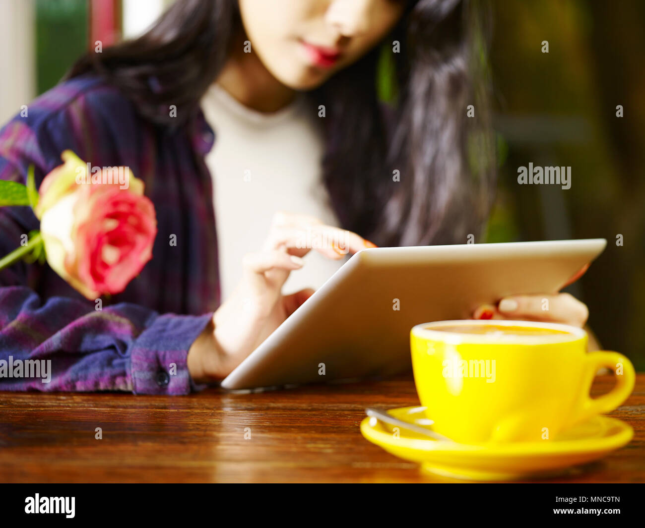 Junge asiatische Frau mit digitalen Tablette im Coffee Shop Stockfoto
