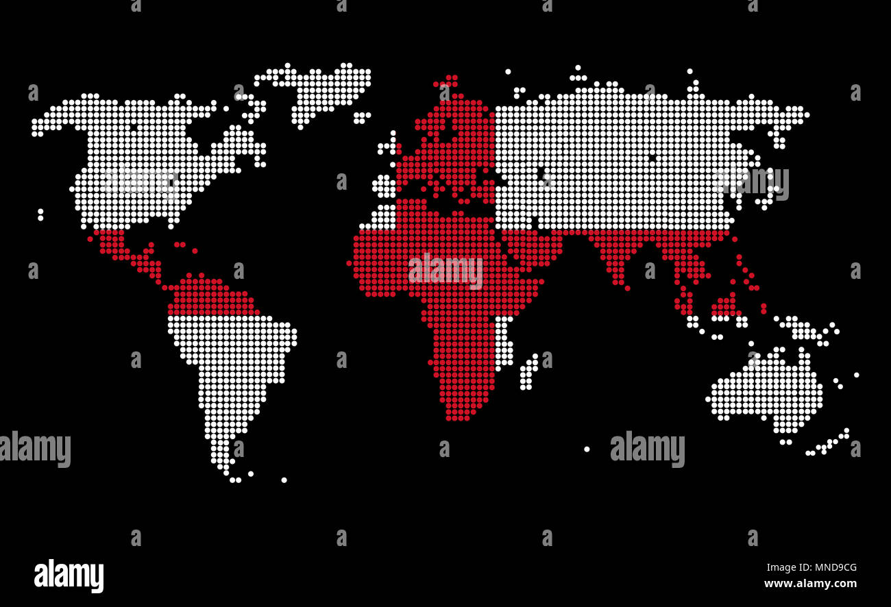 Gepunktete Weltkarte in England Flagge Farben auf schwarzem Hintergrund isoliert. Stockfoto