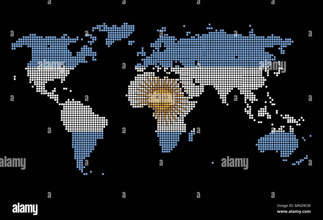 Gepunktete Weltkarte in Argentinien Flagge Farben auf schwarzem Hintergrund isoliert. Stockfoto
