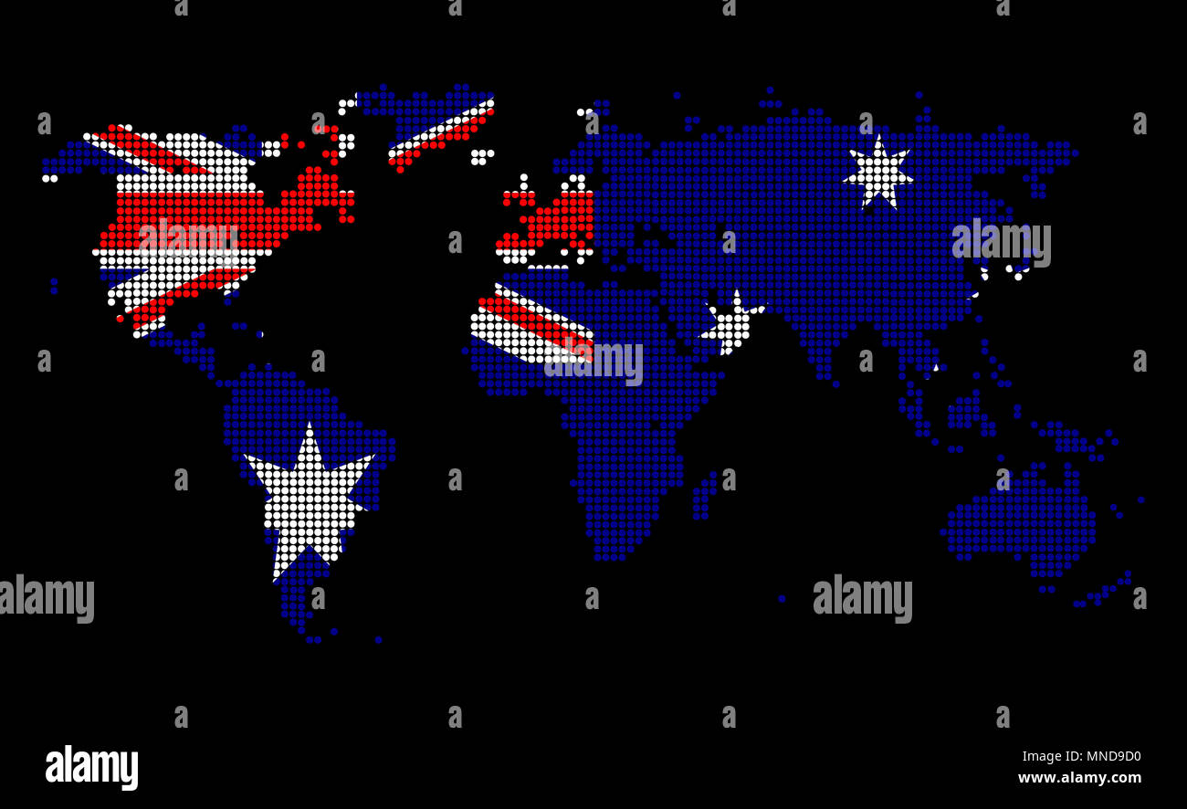 Gepunktete Weltkarte in Australien Flagge Farben auf schwarzem Hintergrund isoliert. Stockfoto