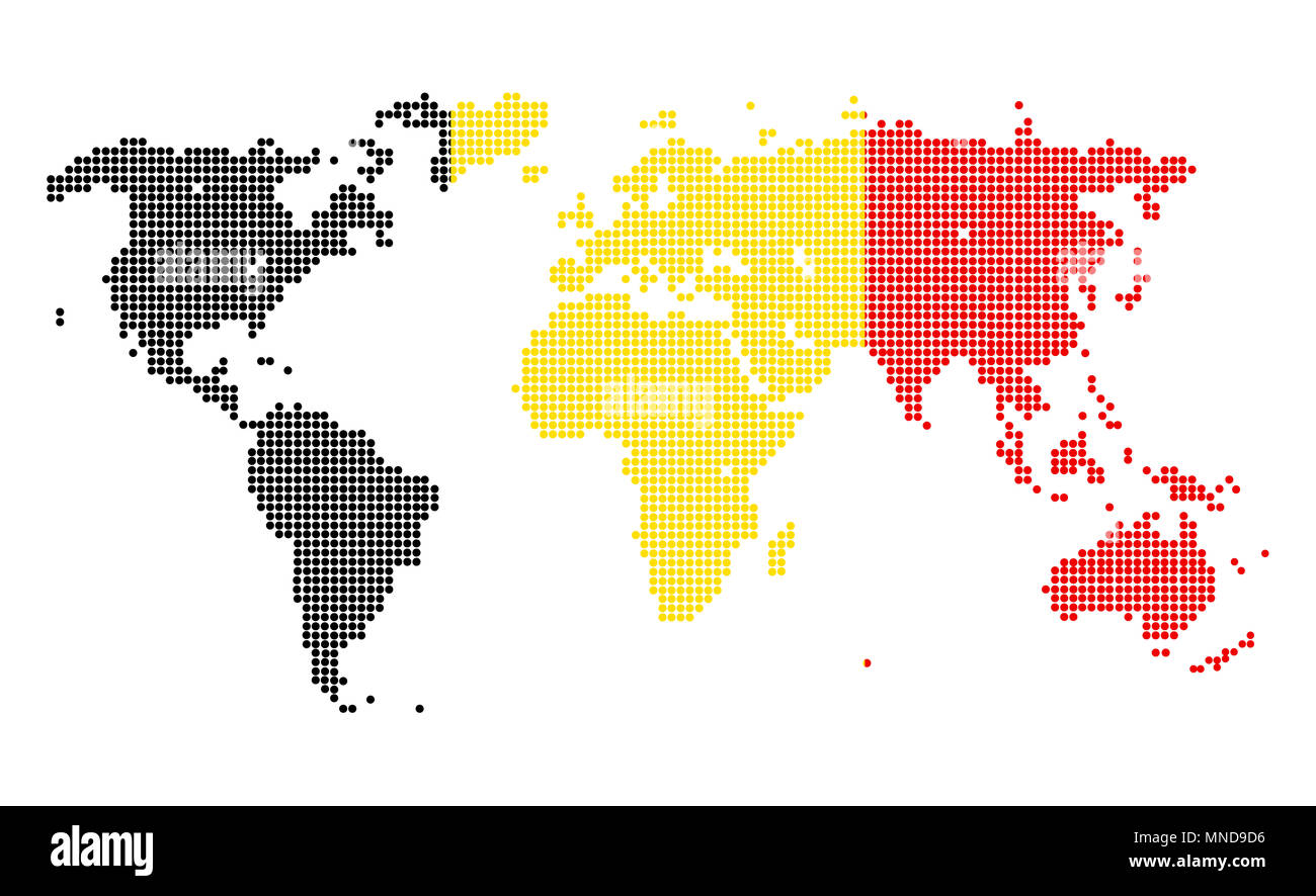 Gepunktete Weltkarte in Belgien Flagge Farben auf weißem Hintergrund. Stockfoto
