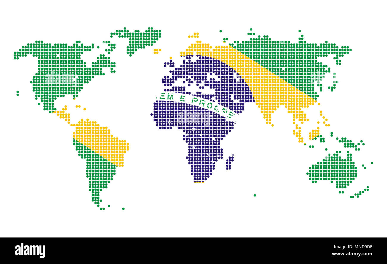 Gepunktete Weltkarte in Brasilien Flagge Farben auf weißem Hintergrund. Stockfoto