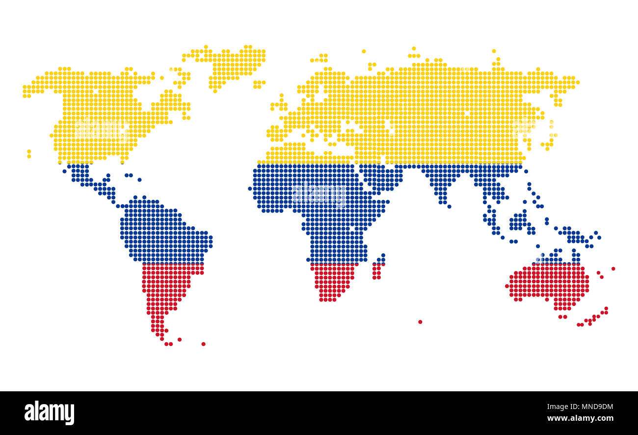 Gepunktete Weltkarte in Kolumbien Flagge Farben auf weißem Hintergrund. Stockfoto
