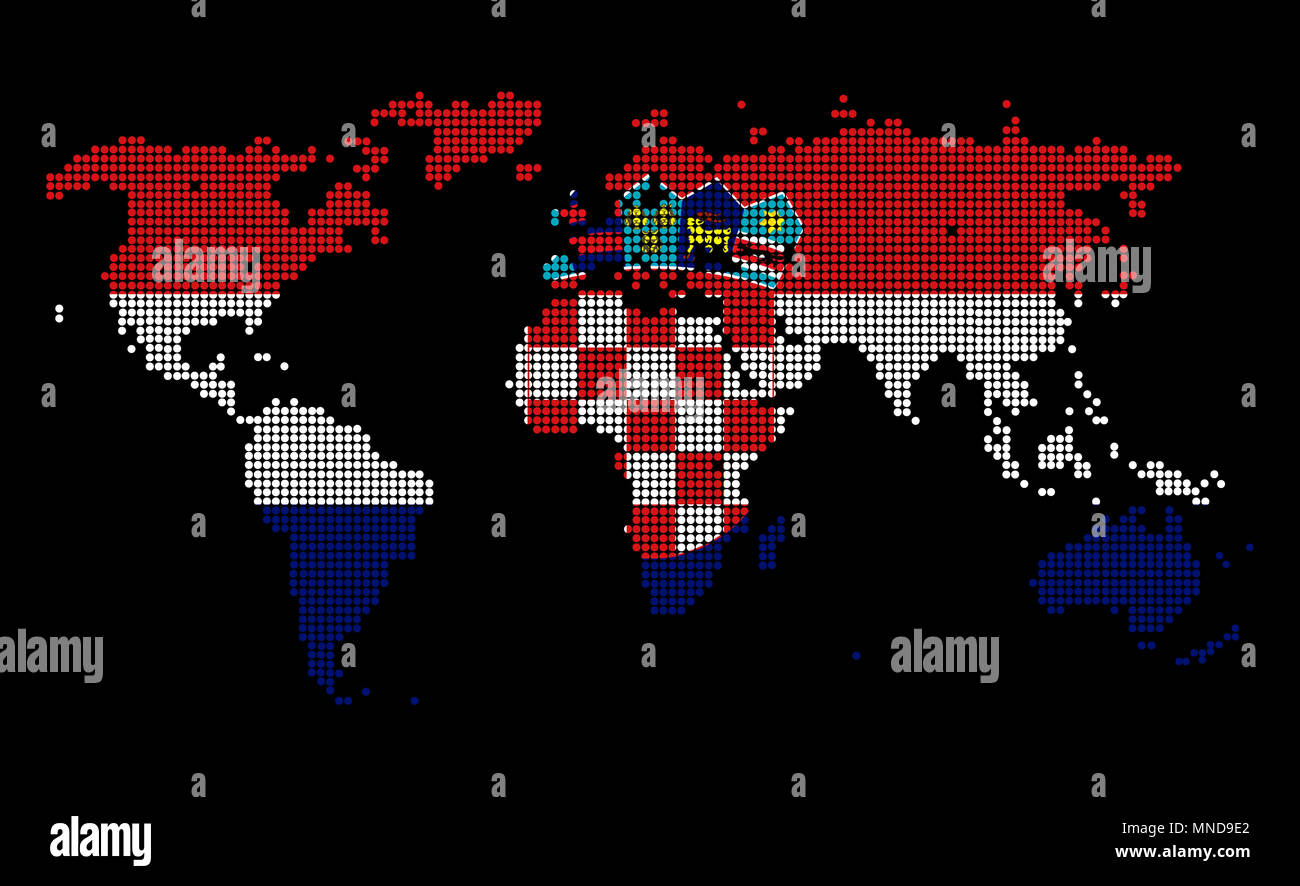Gepunktete Weltkarte in Kroatien Flagge Farben auf schwarzem Hintergrund isoliert. Stockfoto