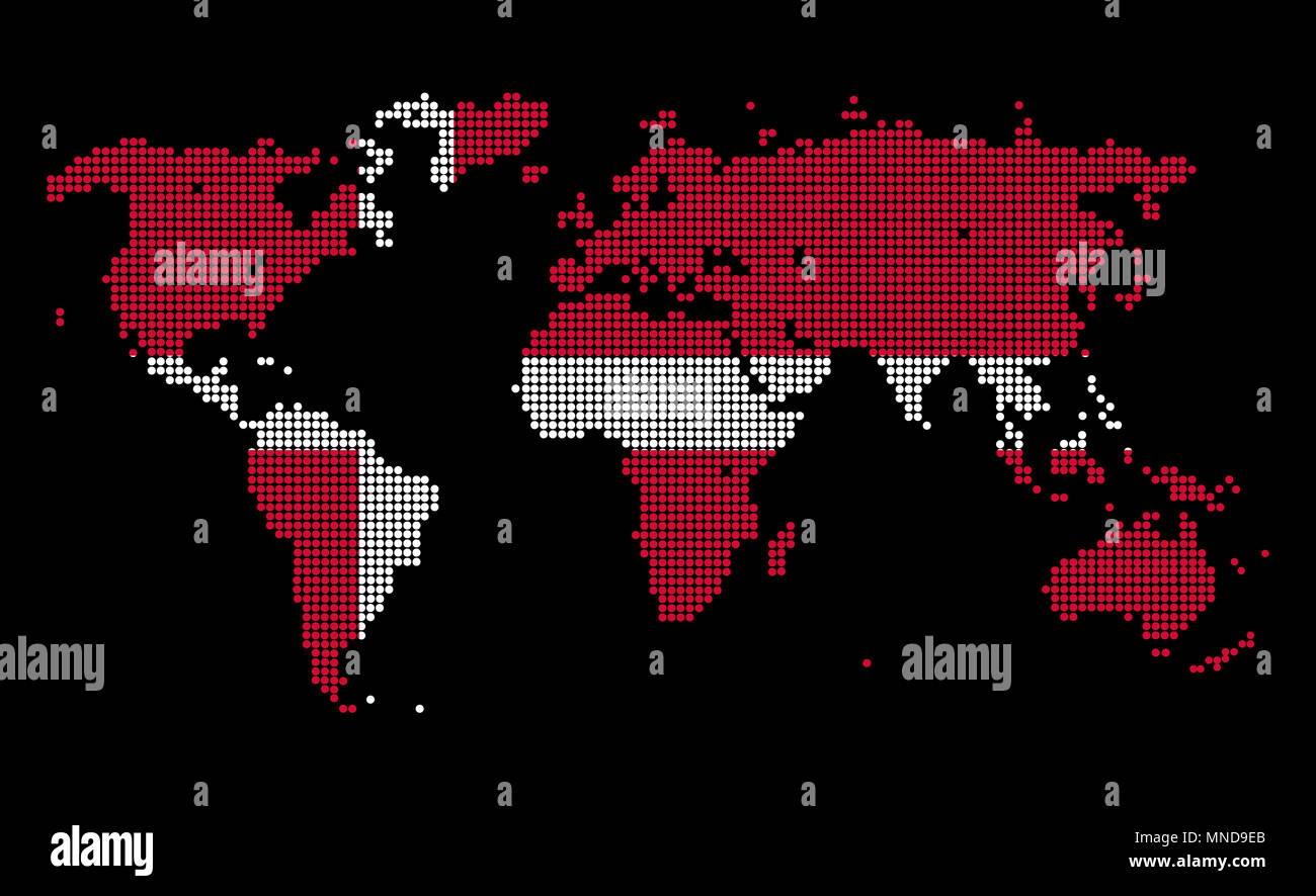 Gepunktete Weltkarte in Dänemark Flagge Farben auf schwarzem Hintergrund isoliert. Stockfoto