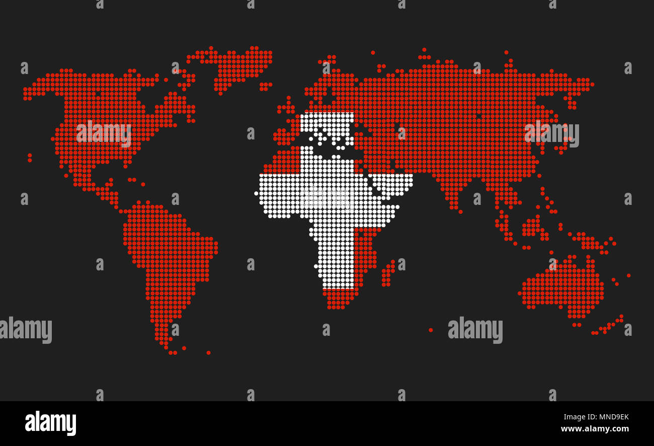 Gepunktete Weltkarte in der Schweiz Flagge Farben auf grauem Hintergrund. Stockfoto