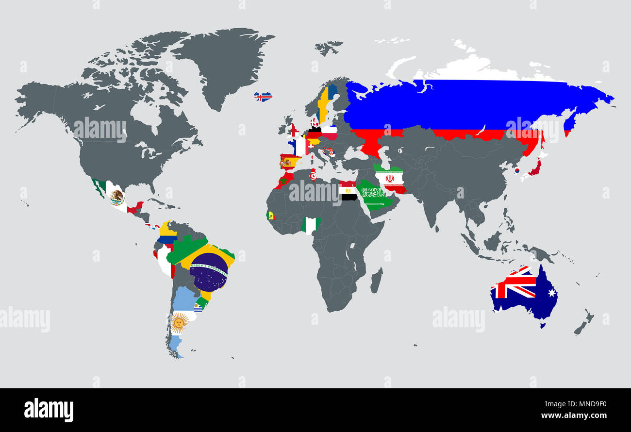 Weltkarte mit allen 32 Ländern Flags für die kommende FIFA Fußball-WM in Russland 2018 zu beteiligen. Internationaler Fußball championsh Stockfoto