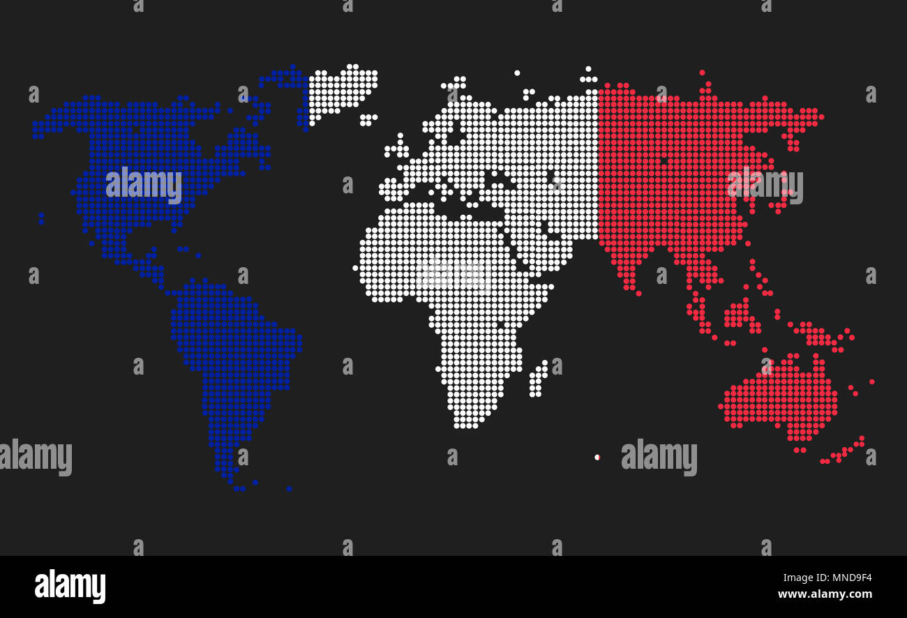 Gepunktete Weltkarte in Frankreich Flagge Farben auf grauem Hintergrund. Stockfoto