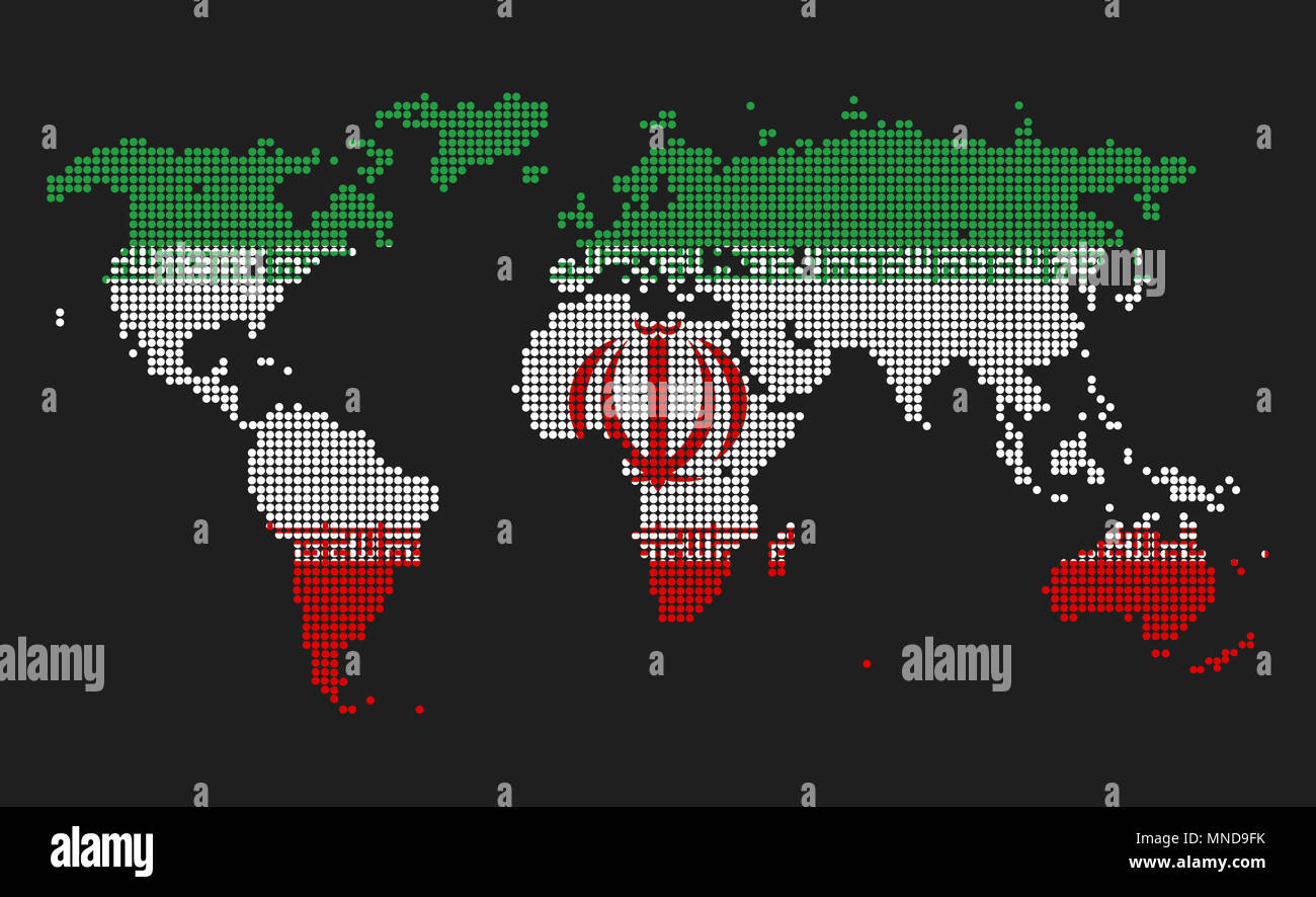 Gepunktete Weltkarte im Iran Flagge Farben auf grauem Hintergrund. Stockfoto