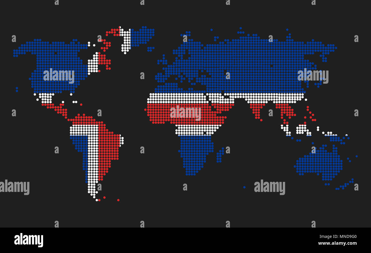 Gepunktete Weltkarte in Island Flagge Farben auf grauem Hintergrund. Stockfoto