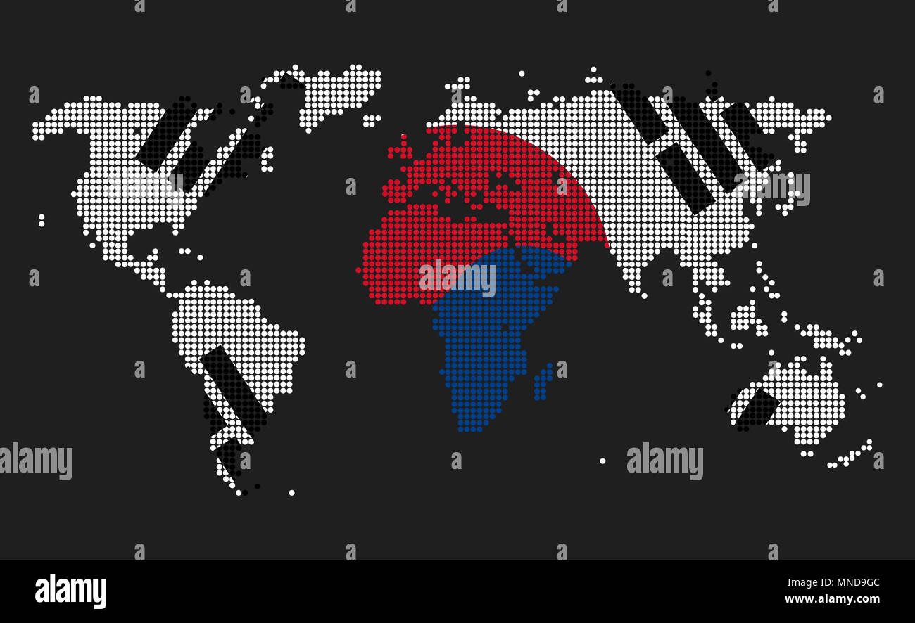 Gepunktete Weltkarte in Südkorea Flagge Farben auf grauem Hintergrund. Stockfoto