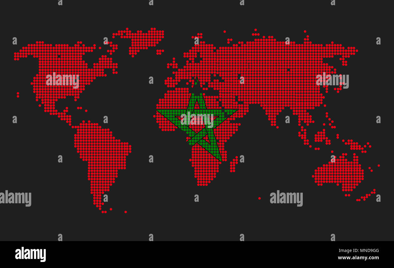 Gepunktete Weltkarte in Marokko Flagge Farben auf grauem Hintergrund. Stockfoto