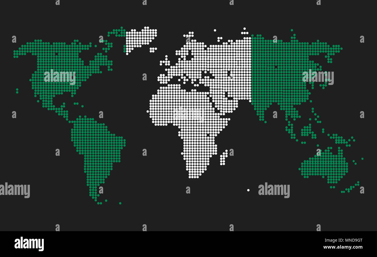 Gepunktete Weltkarte in Nigeria Flagge Farben auf grauem Hintergrund. Stockfoto
