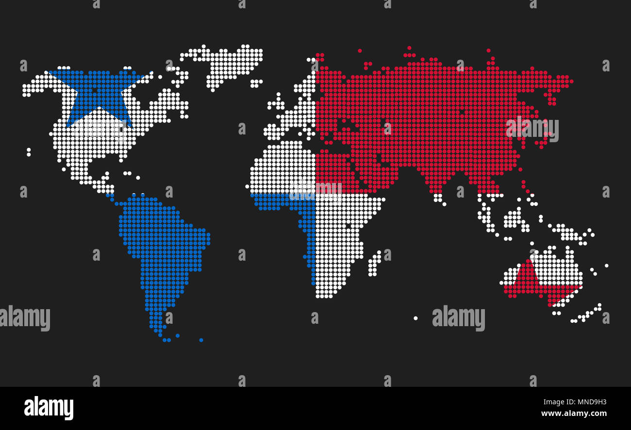 Gepunktete Weltkarte in Panama Flagge Farben auf grauem Hintergrund. Stockfoto