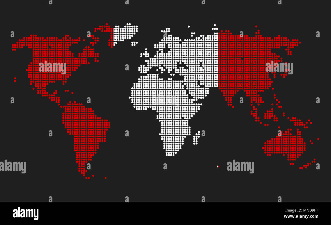 Gepunktete Weltkarte in Peru Flagge Farben auf grauem Hintergrund. Stockfoto