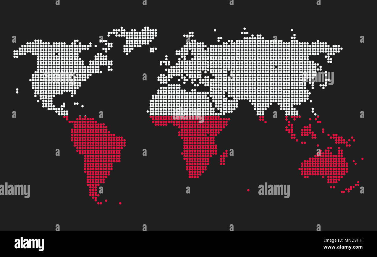 Gepunktete Weltkarte in Polen Flagge Farben auf grauem Hintergrund. Stockfoto