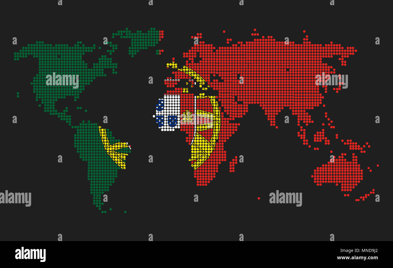 Gepunktete Weltkarte in Portugal Flagge Farben auf grauem Hintergrund. Stockfoto