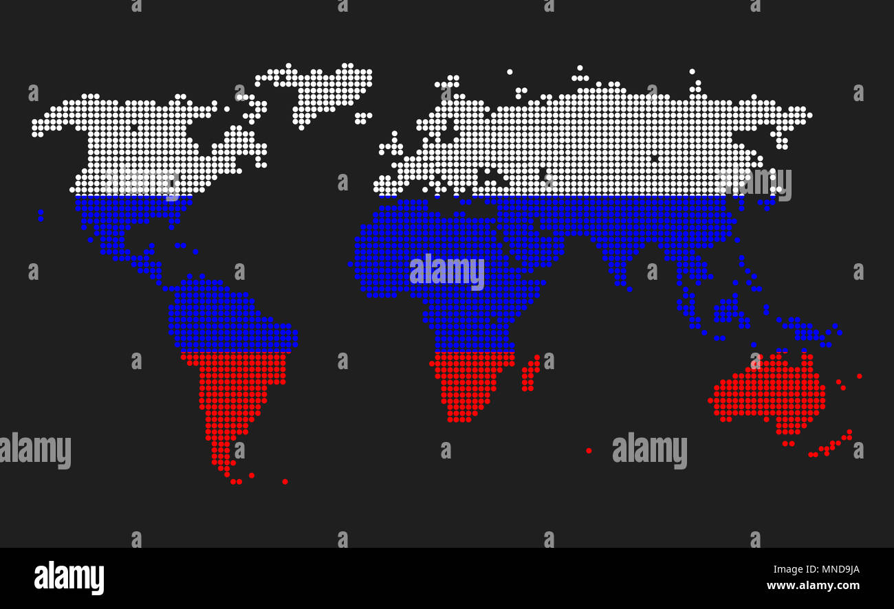 Gepunktete Weltkarte in Russland Flagge Farben auf grauem Hintergrund. Stockfoto